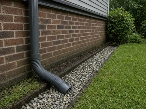 Downspout extension and gravel French drain along a brick home for foundation drainage in OKC