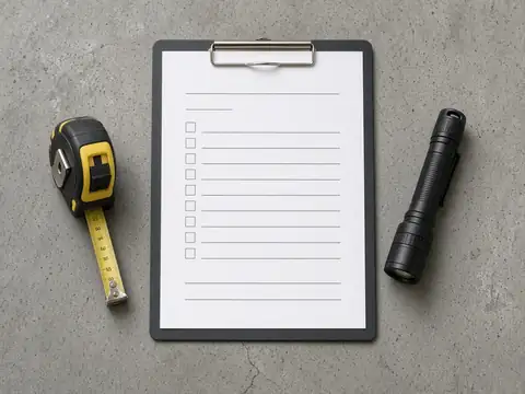Clipboard checklist, tape measure and flashlight used for a foundation inspection
