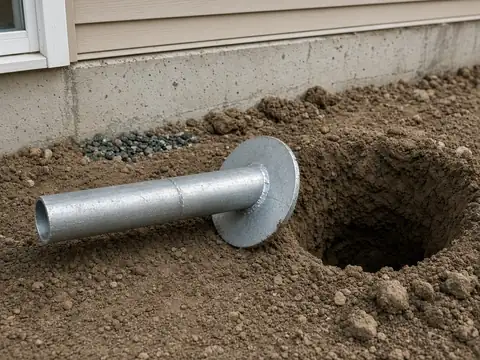 Steel helical foundation pier beside an excavated hole at a house foundation in OKC