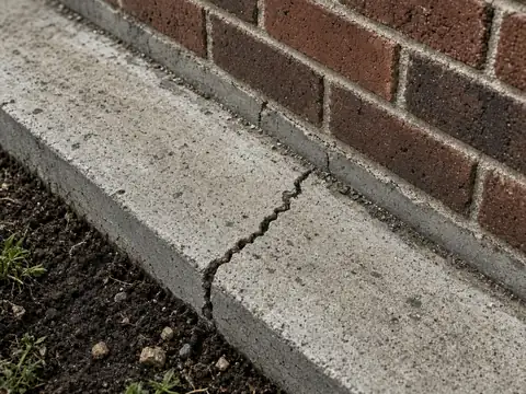 Cracked concrete slab foundation next to a brick wall, a common slab repair issue in OKC